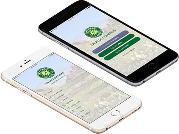 Two smartphones display the Sparkle Cleaners app, showing a login screen on one device and a booking screen on the other.